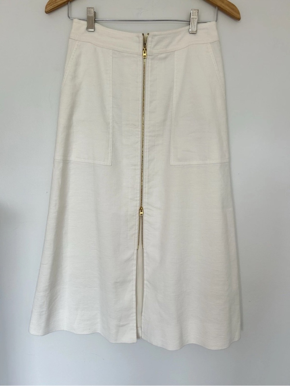 DVF Ivory LINEN COTTON Zip-Front A-Line MIDI Skirt Lined